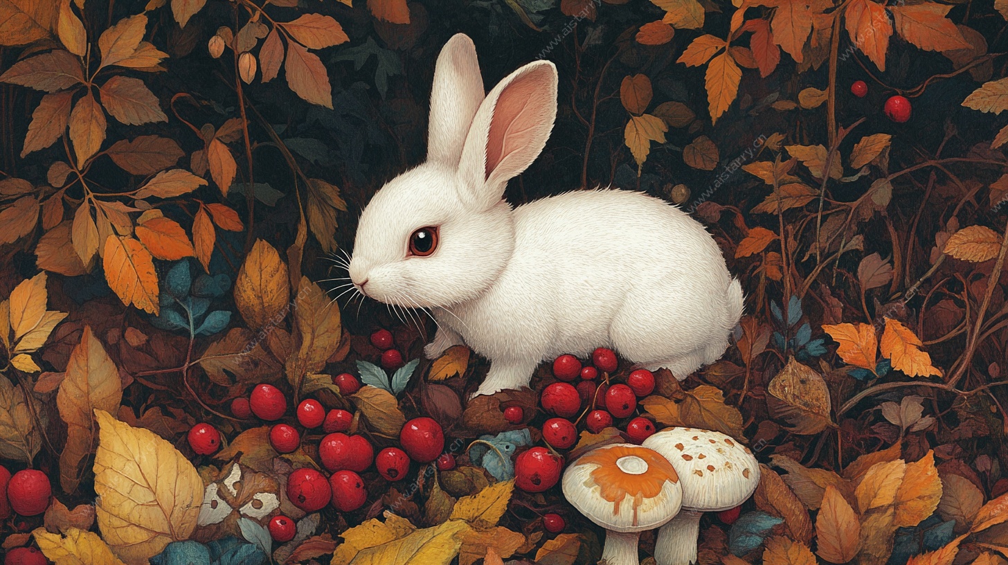 秋日白兔与浆果蘑菇图