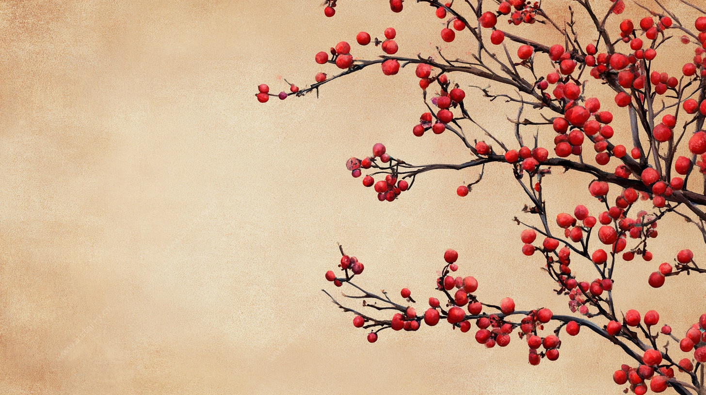 红果枝头 复古风静物图