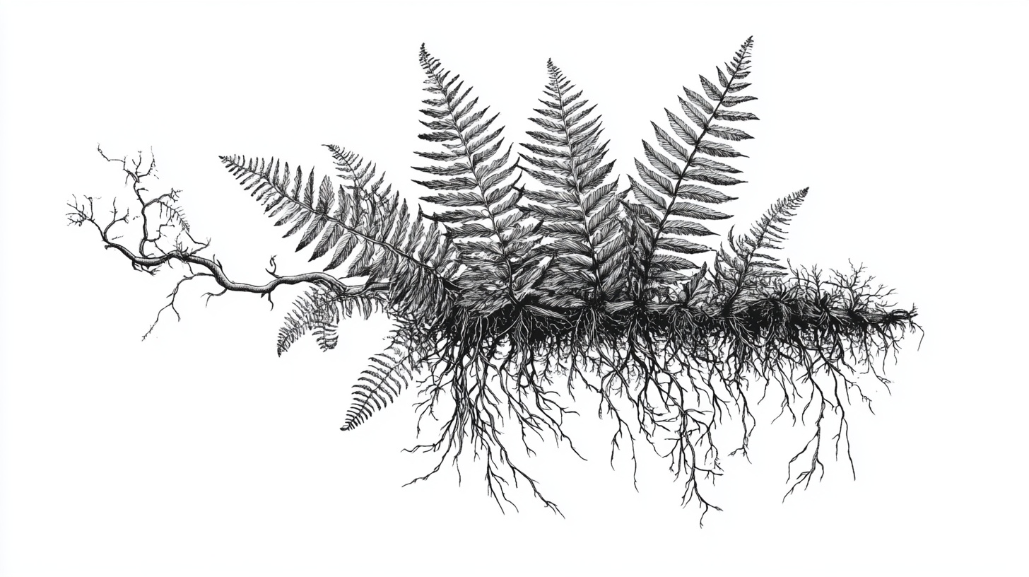 黑白蕨类植物根系插画