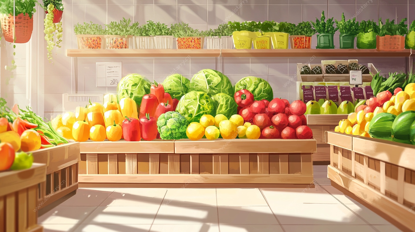 新鲜蔬果陈列的超市一角