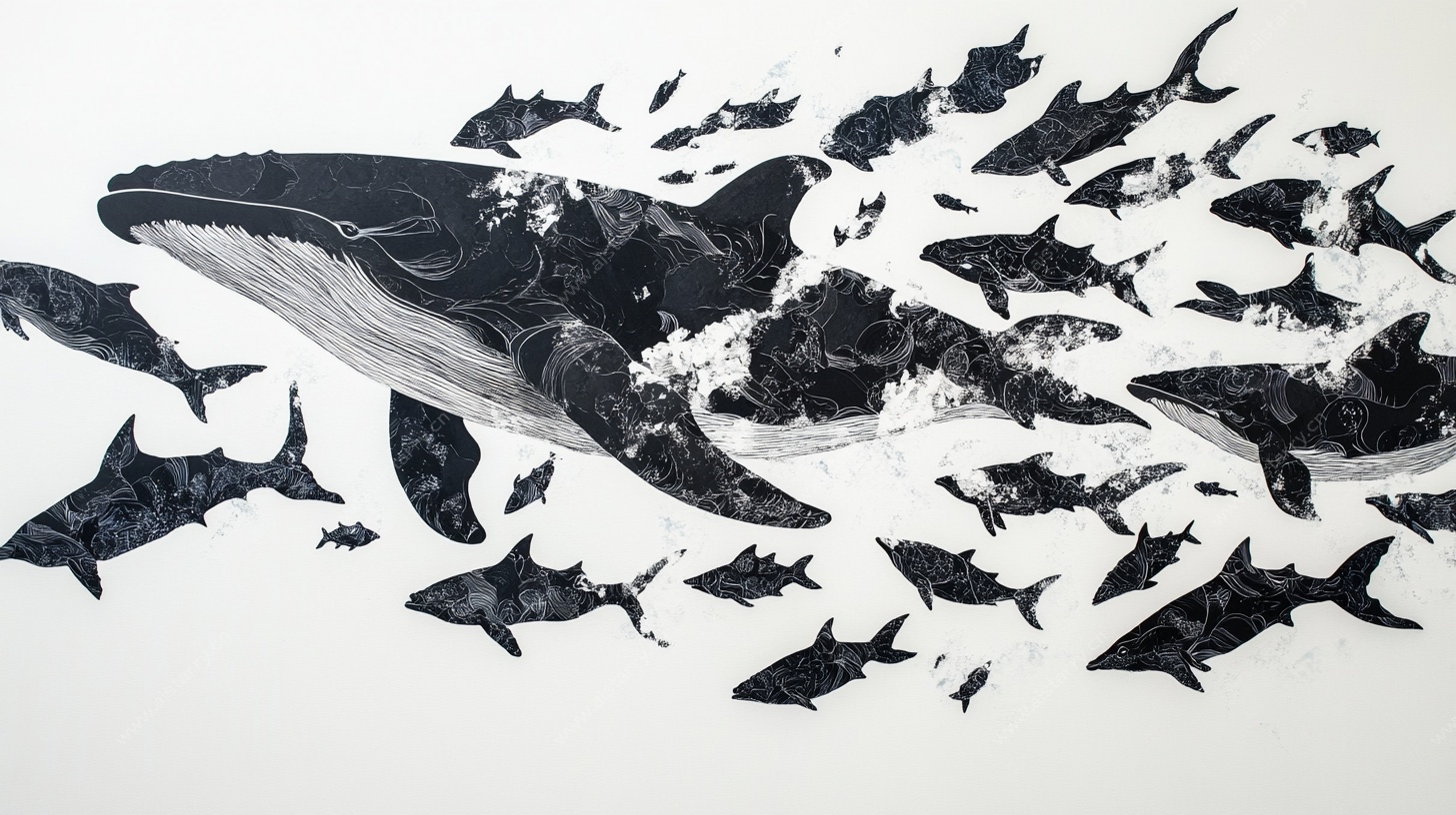 鲸鱼与群鲨的奇幻海洋图景