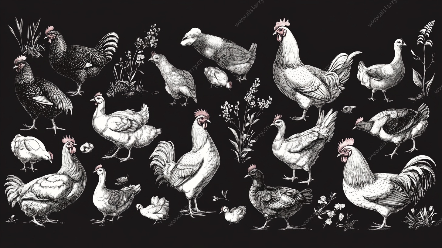 手绘鸡群插画