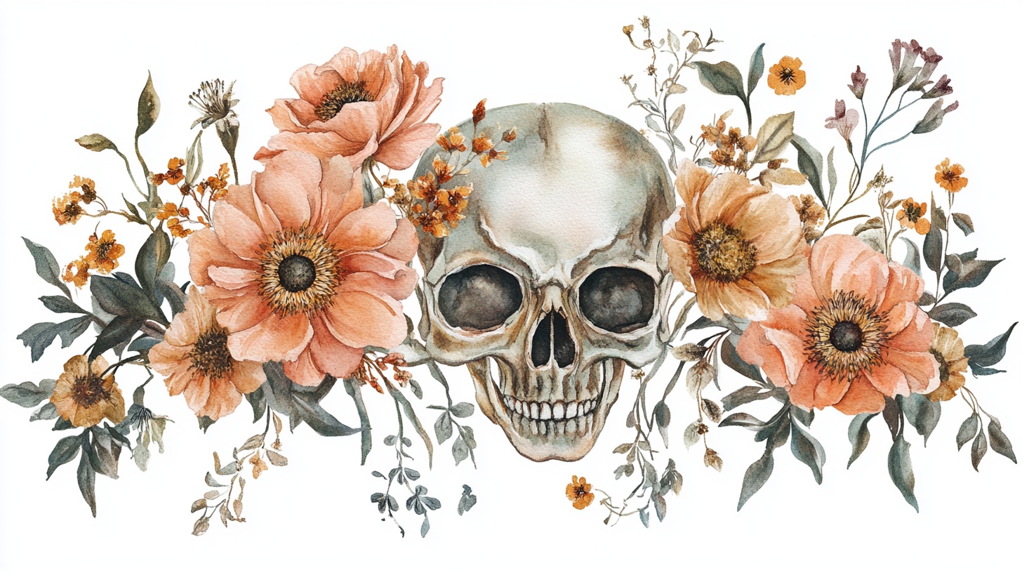 花卉骷髅水彩插画
