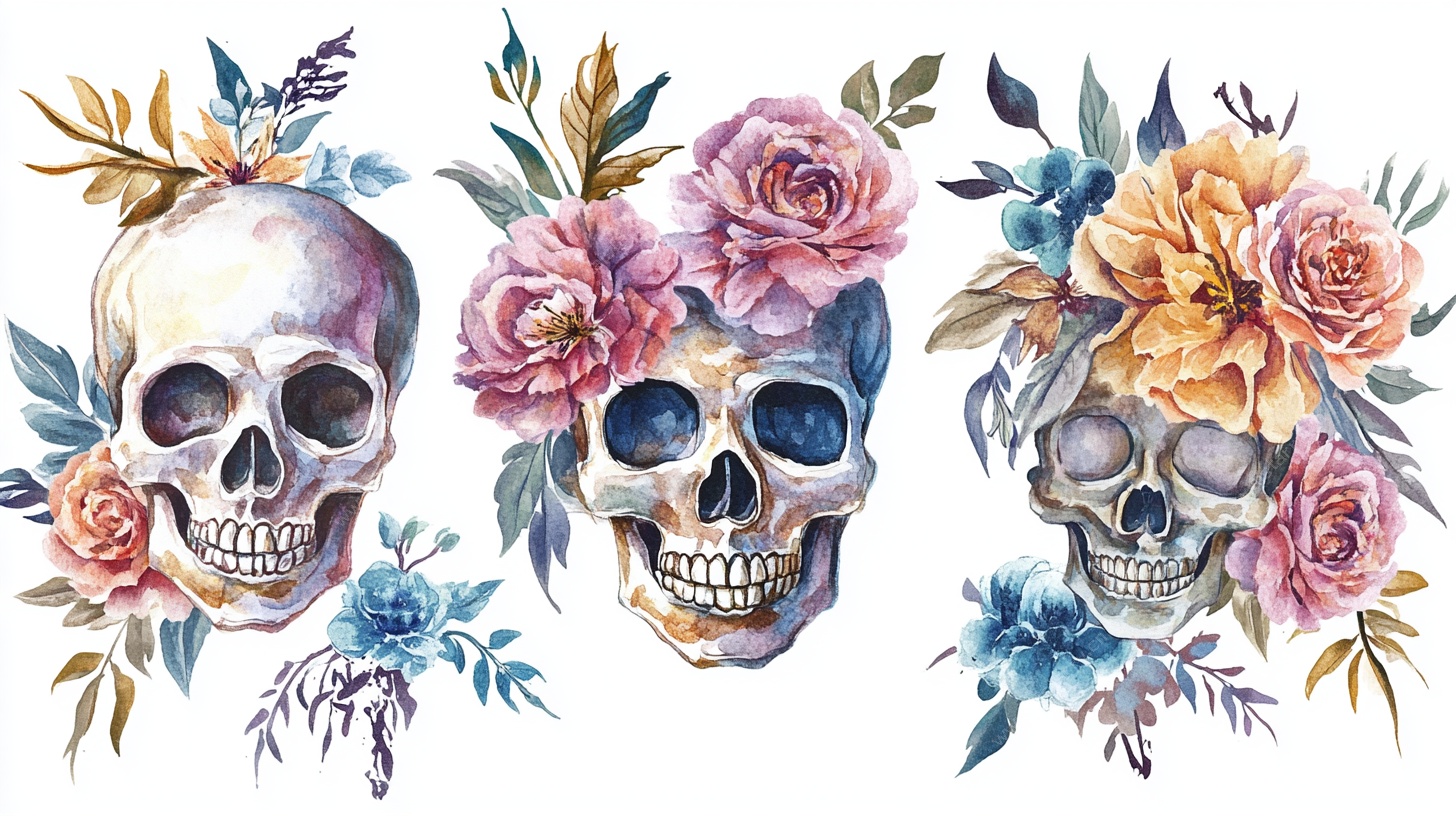水彩花卉骷髅装饰图案