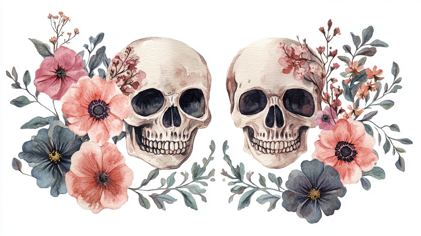 花卉环绕的双骷髅插画