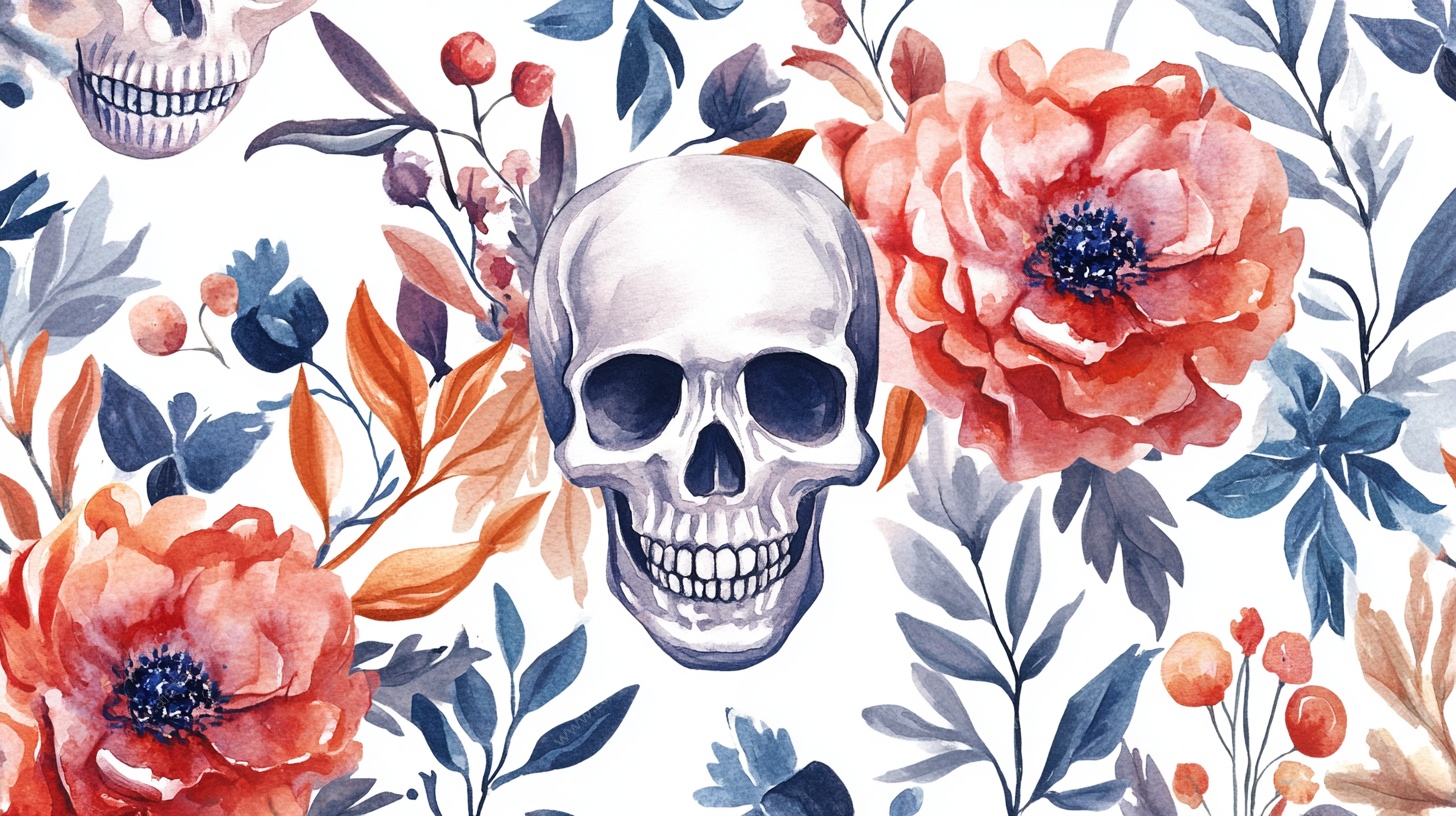骷髅花卉水彩图案