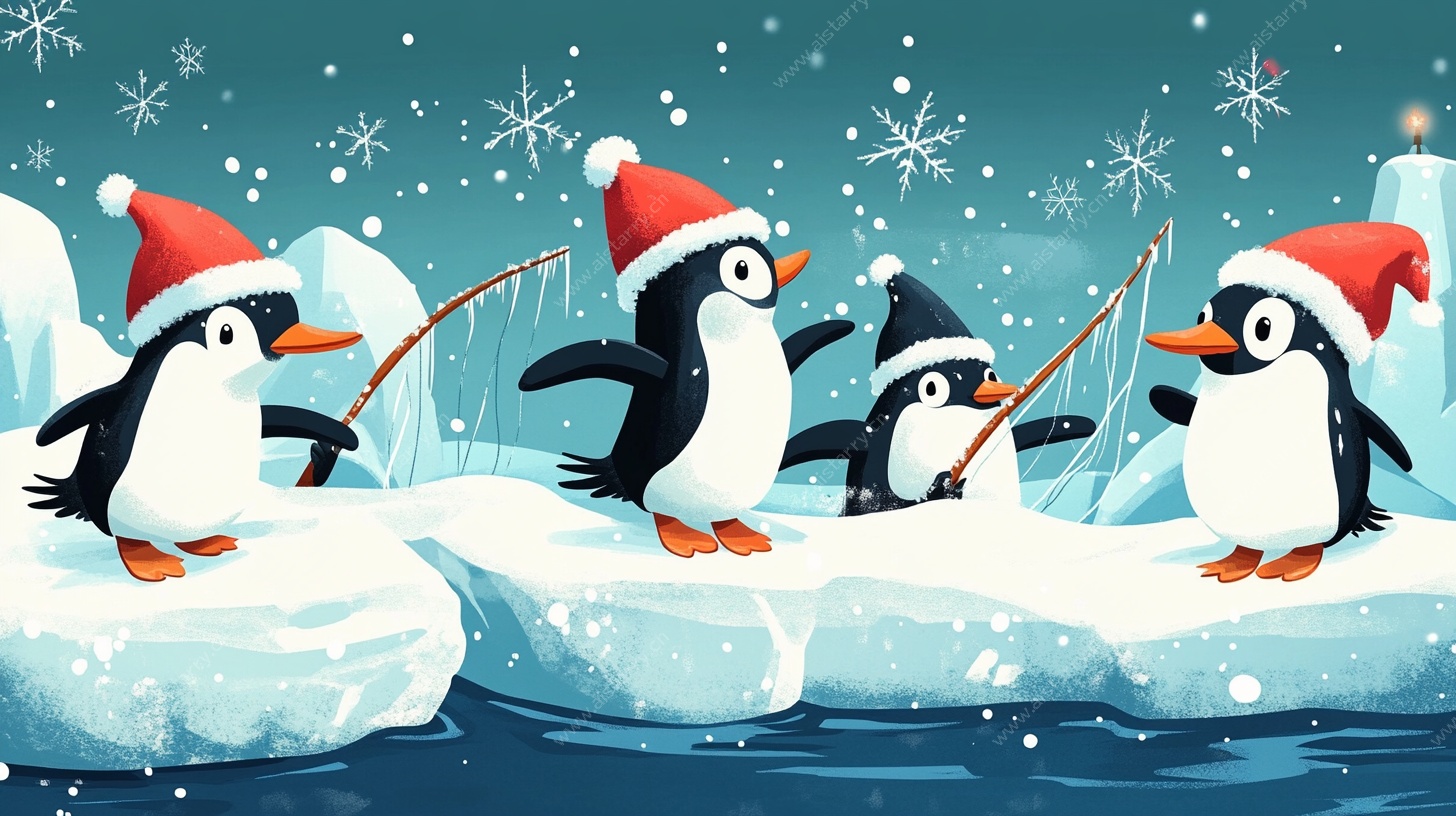 企鹅欢乐冬日垂钓场景