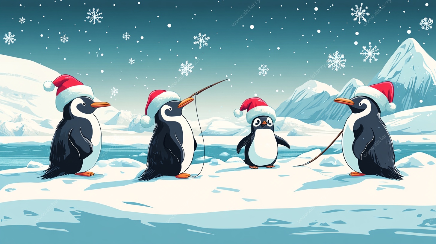 圣诞企鹅在冰原欢乐垂钓