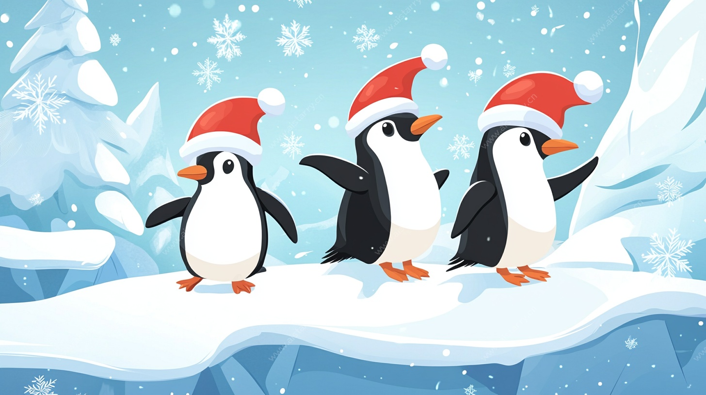三只戴帽企鹅的冰雪世界