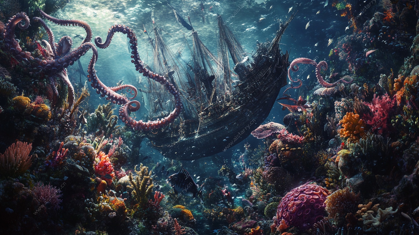 海底奇幻沉船与章鱼景象