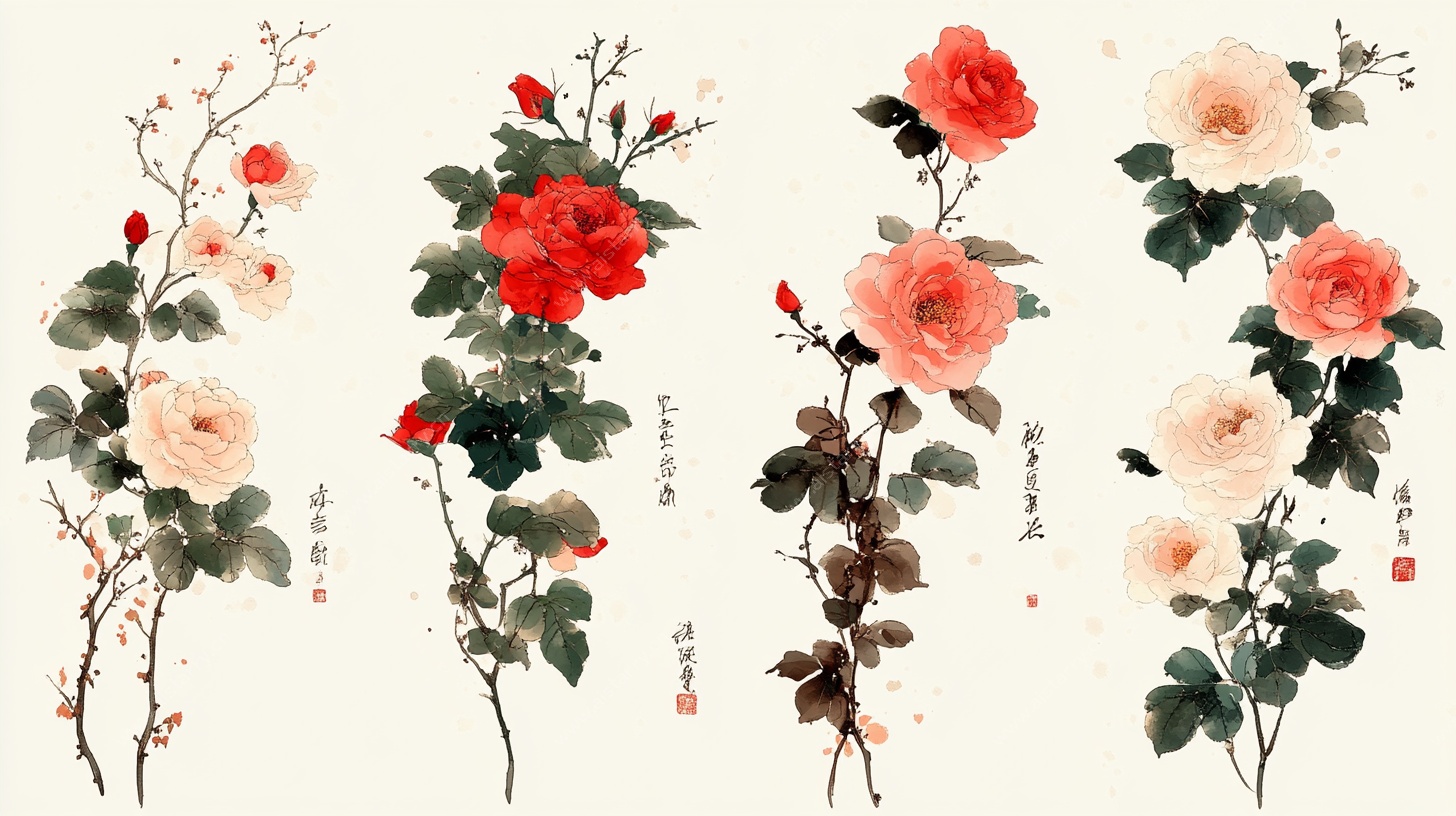 水墨花卉图 娇艳玫瑰绽放