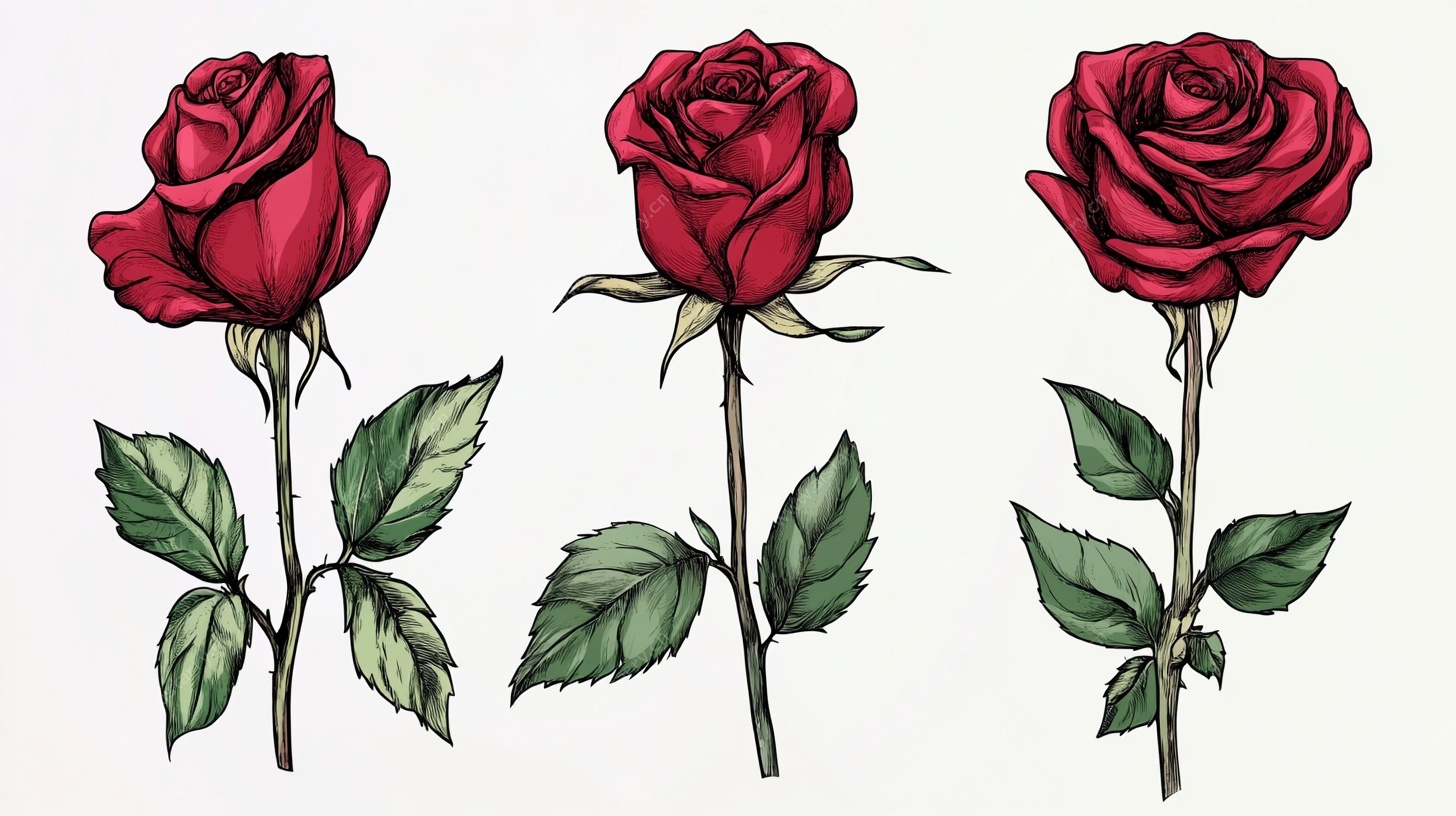 三朵手绘红玫瑰插画