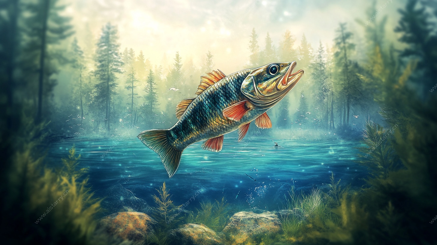 森林湖畔跳跃的斑斓大鱼