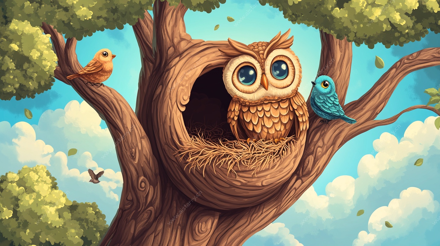 树上的猫头鹰与小鸟