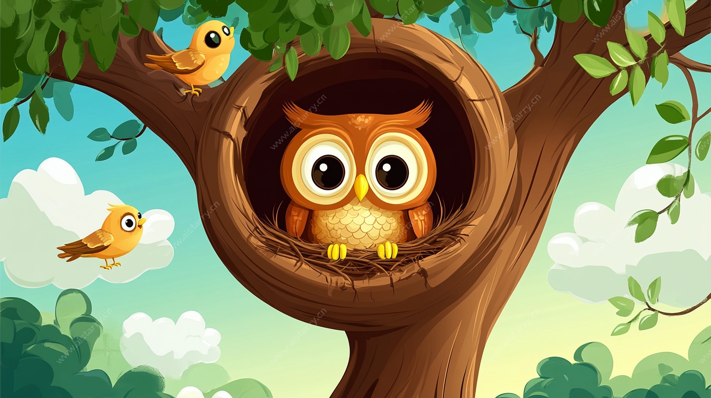 树洞里的猫头鹰与小鸟