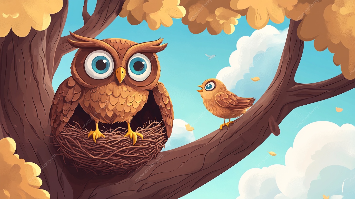 猫头鹰与小鸟的温馨树栖场景