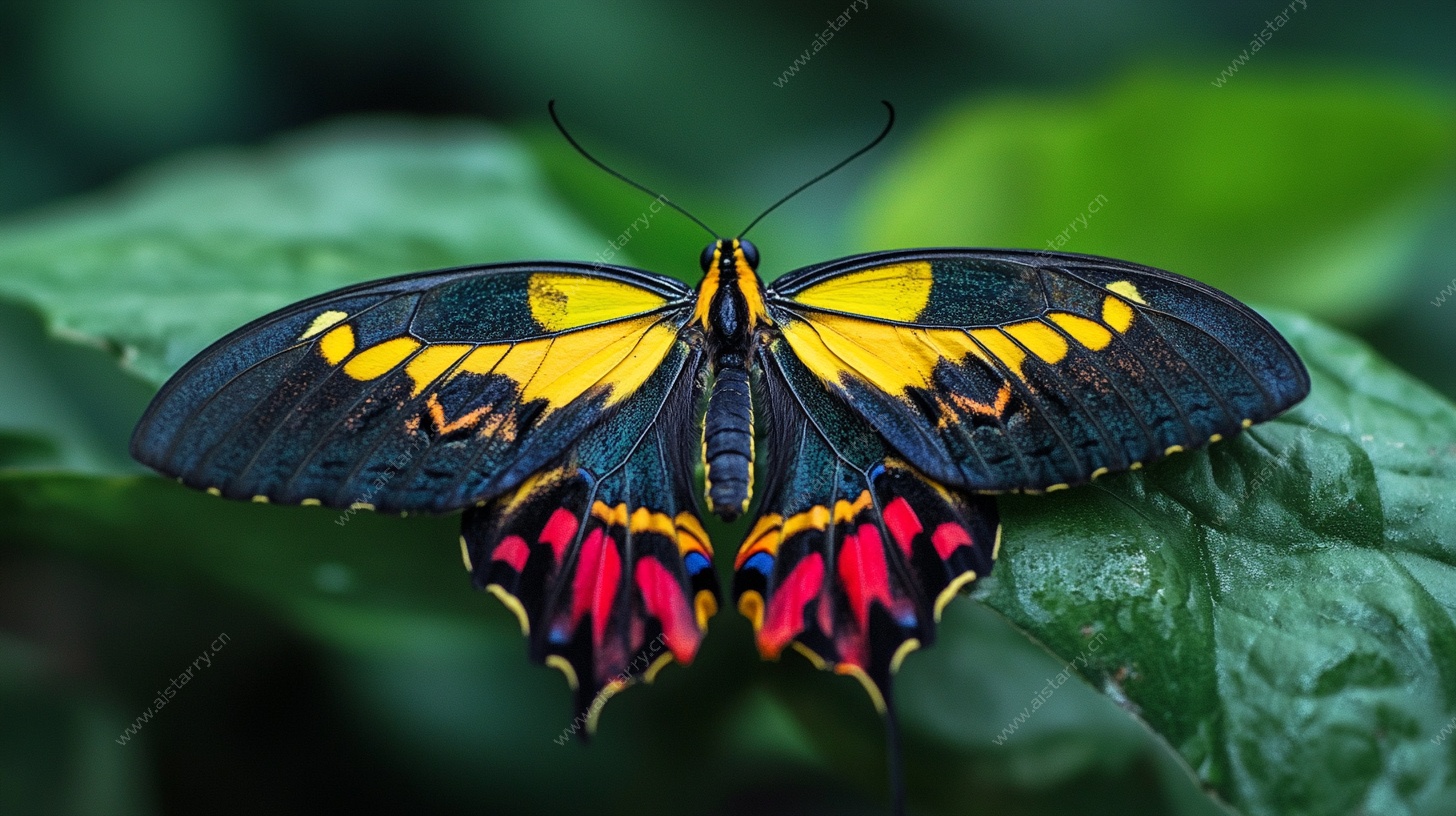 彩色蝴蝶停留在绿叶上