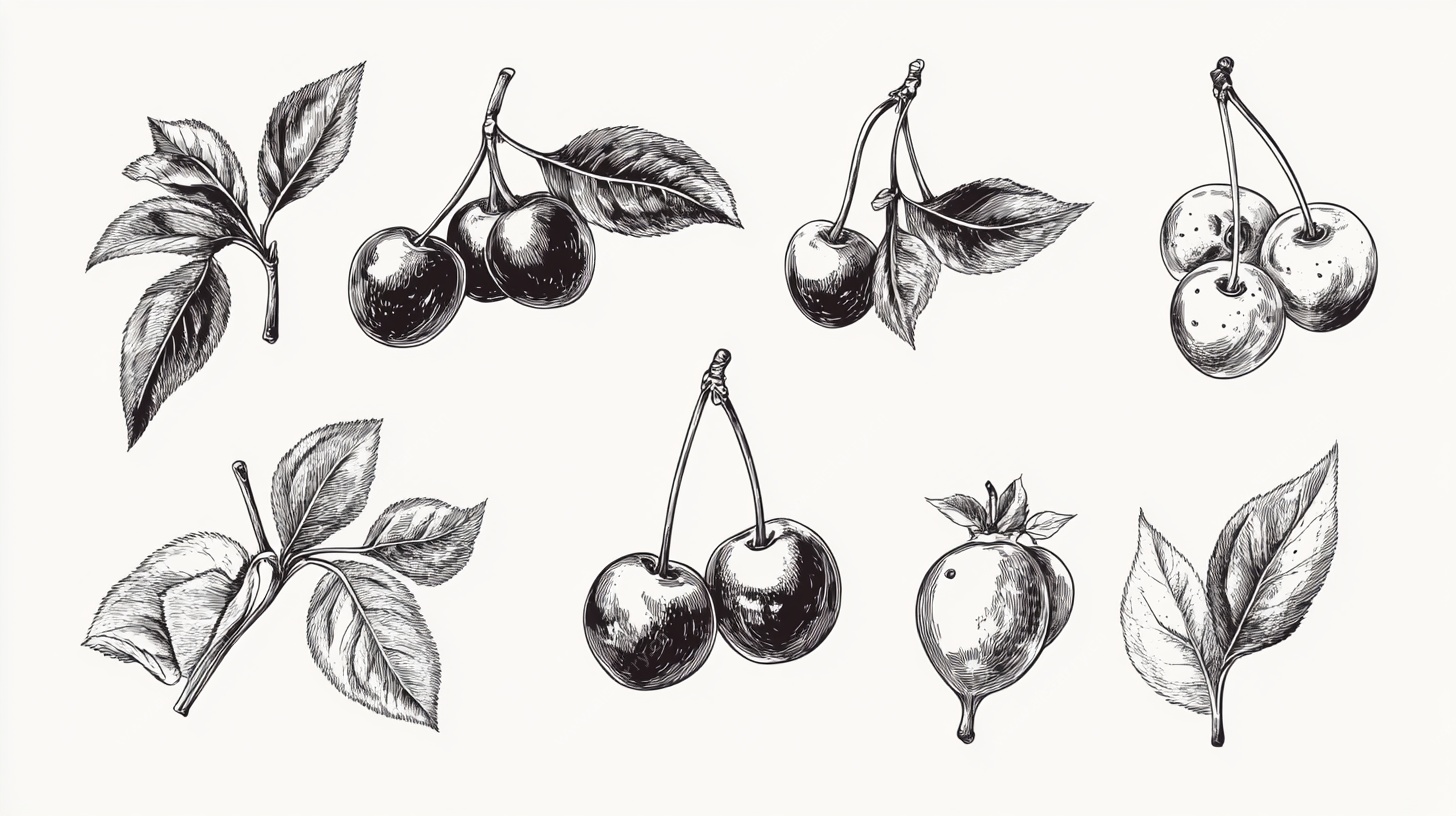 手绘樱桃与枝叶插画