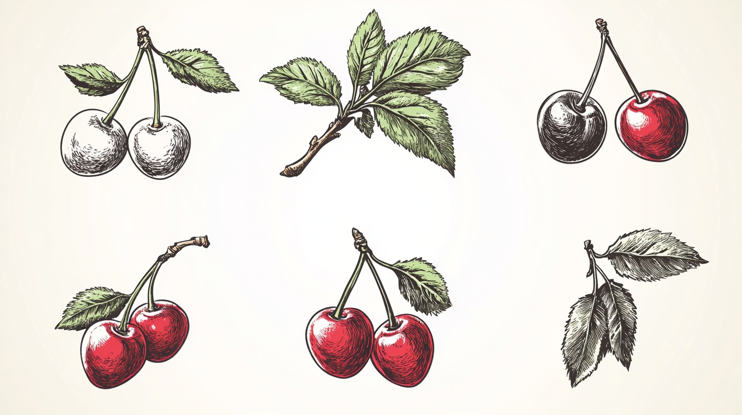 手绘樱桃果实与枝叶图案