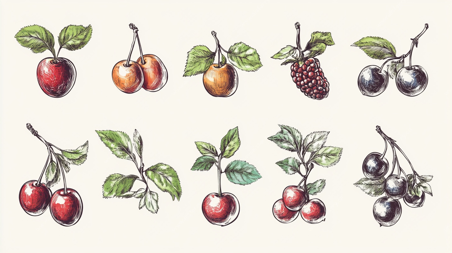 手绘多彩浆果与枝叶插画