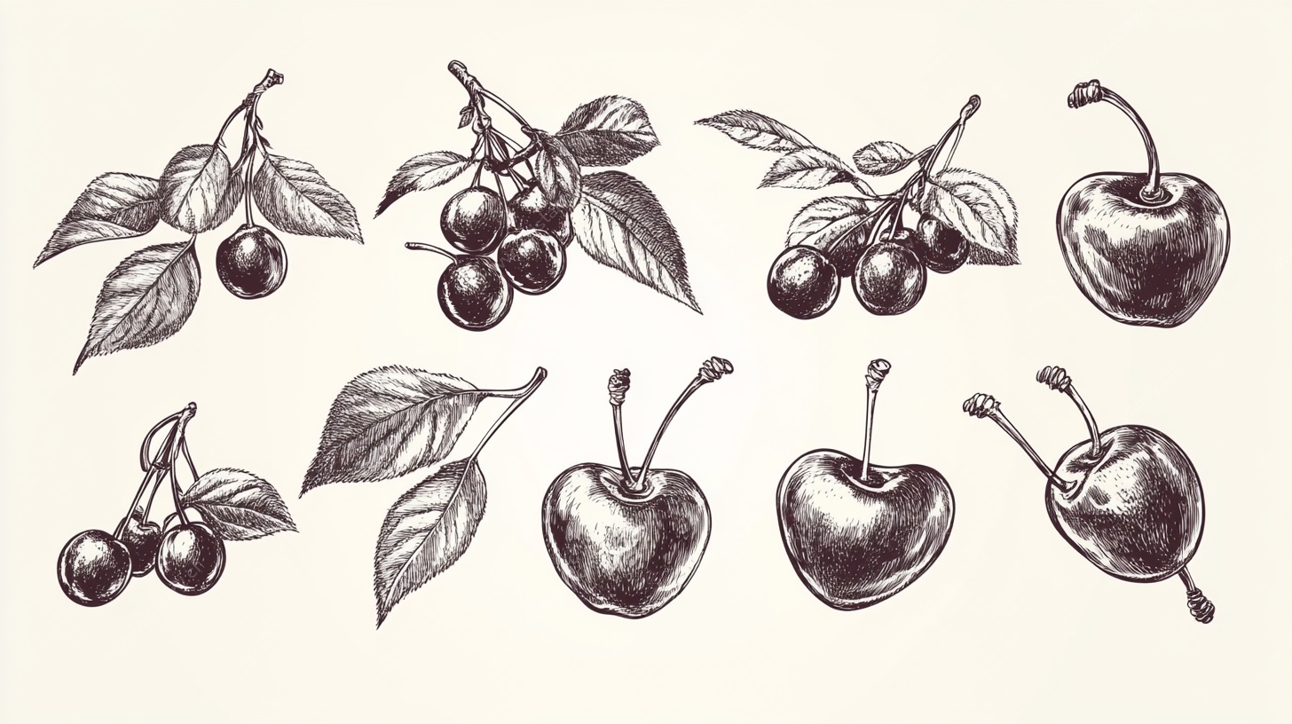 手绘樱桃果实与枝叶图案