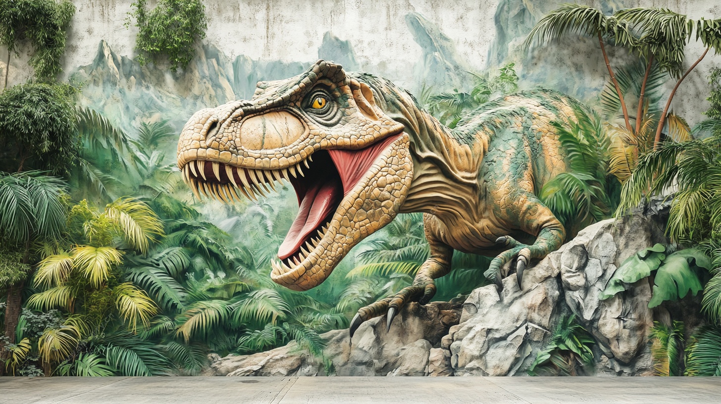 逼真恐龙壁画丛林场景