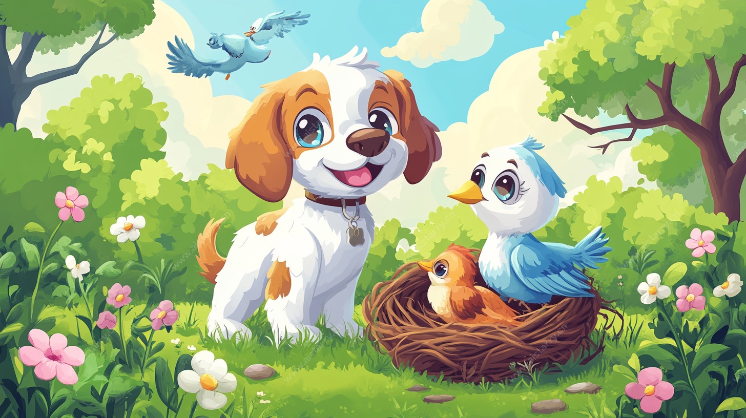 田园中的小狗与鸟儿