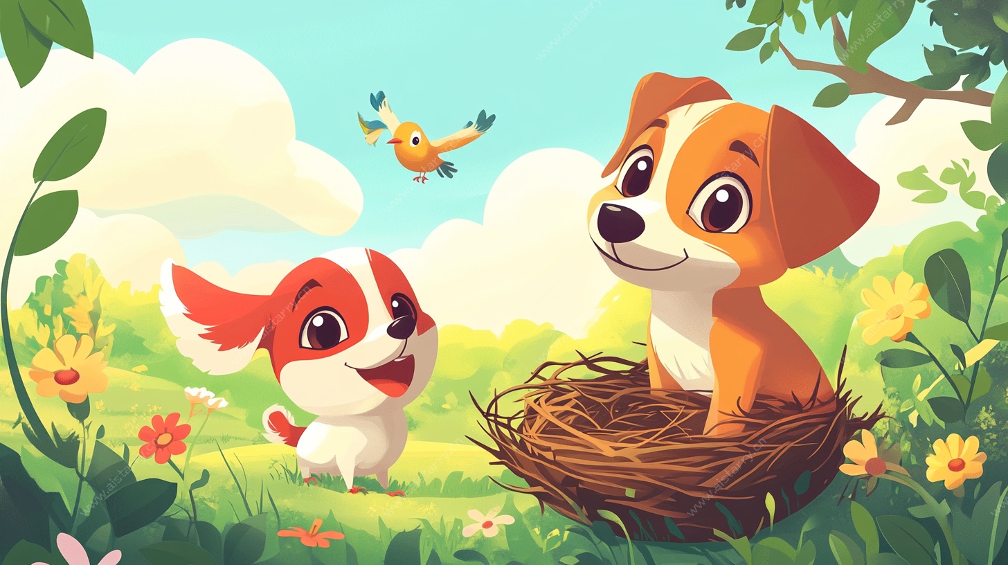 田园中的可爱小狗与小鸟