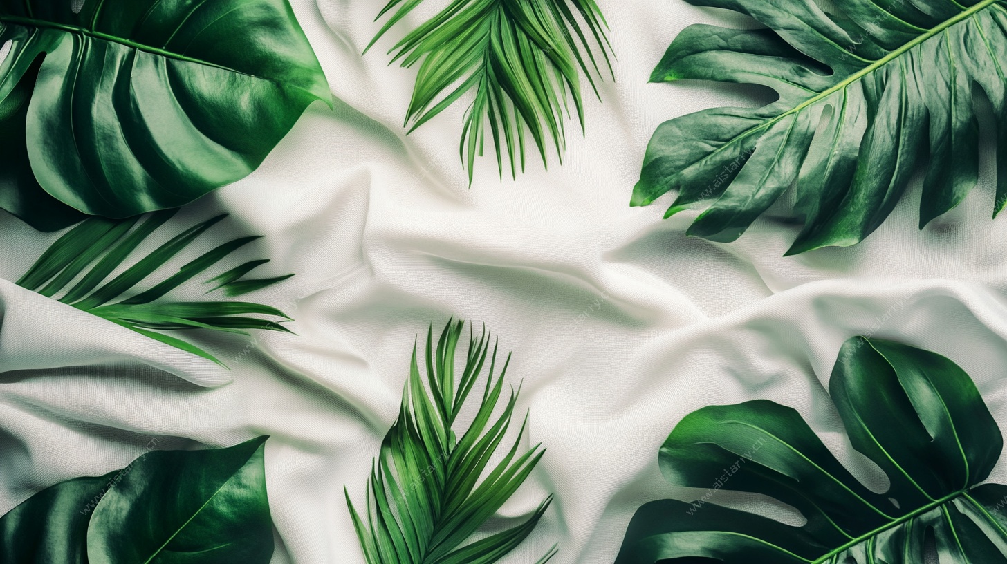绿叶铺于白织物上的景致