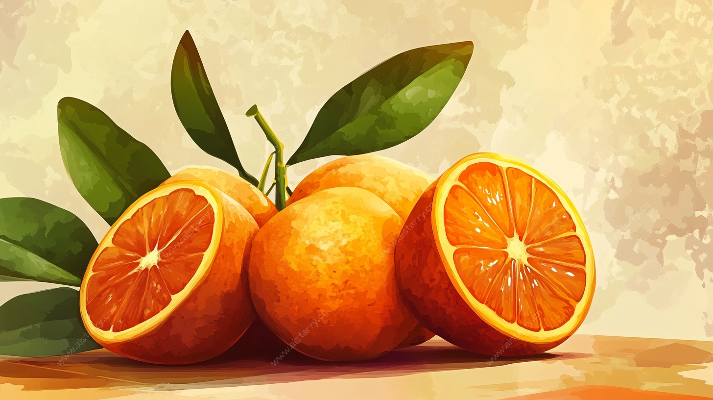 手绘新鲜橙子静物图
