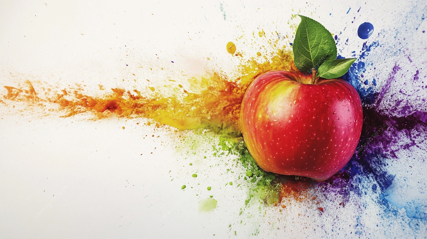 彩色喷溅中的红苹果