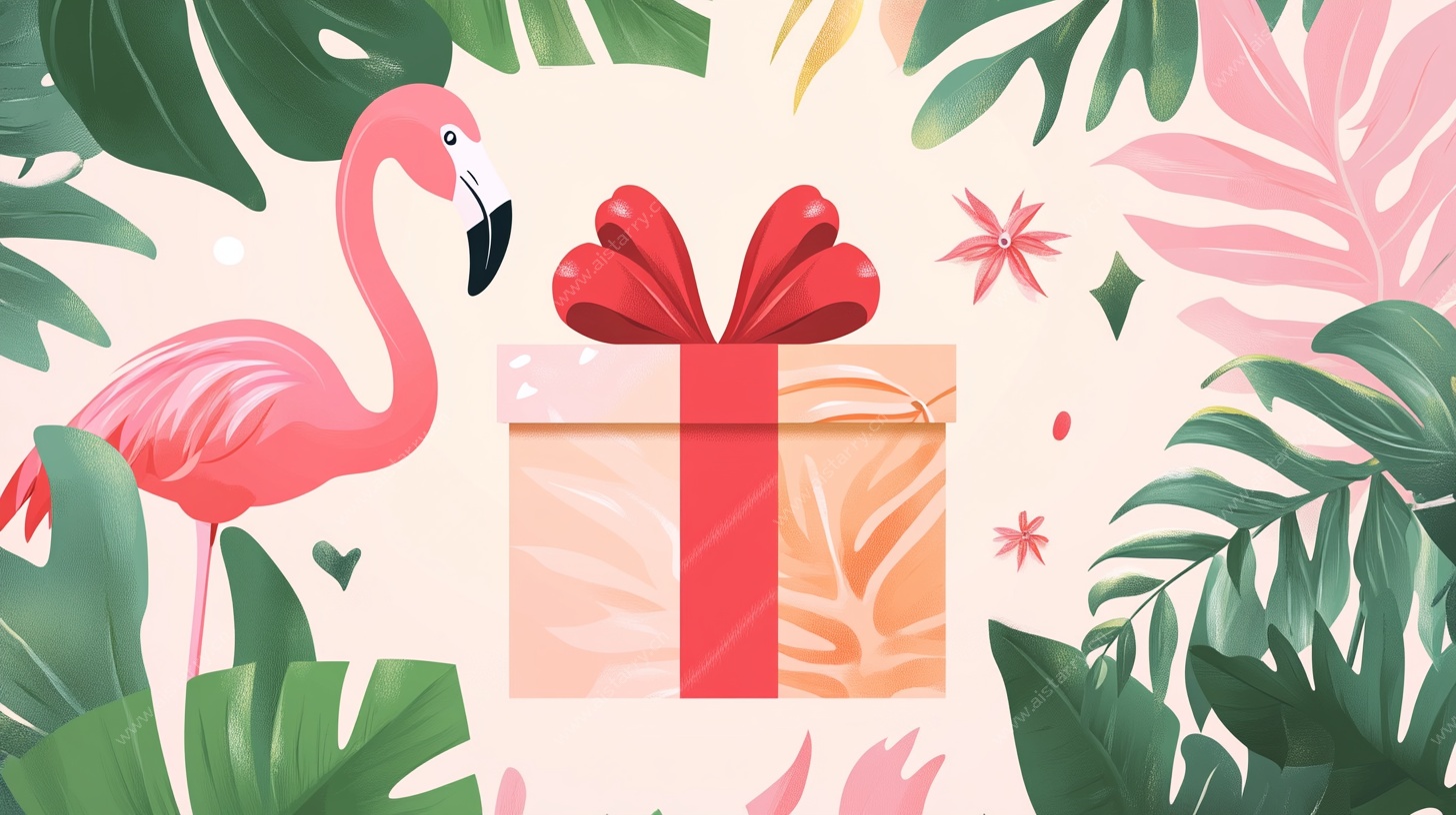火烈鸟与礼物的热带风情画