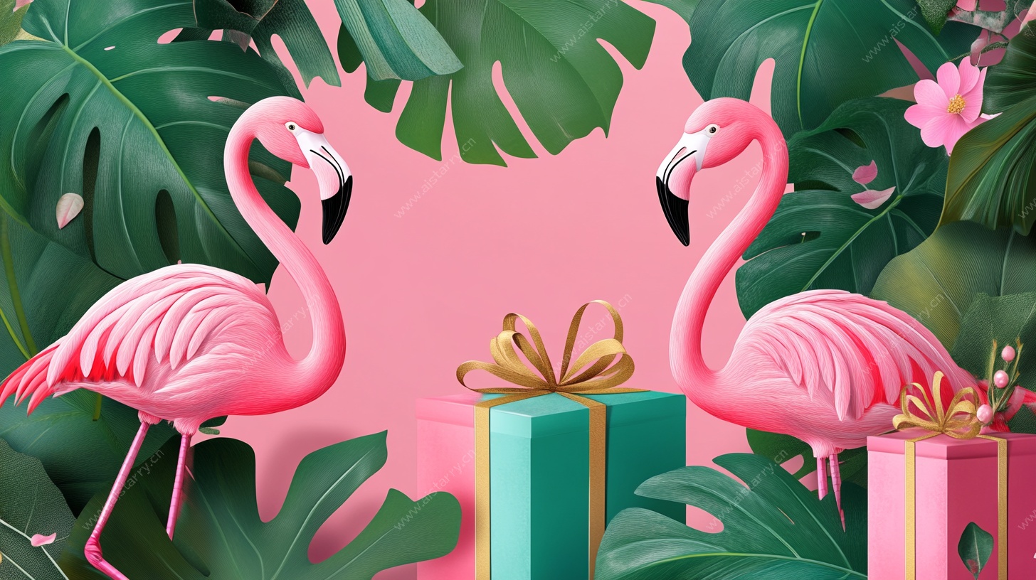 火烈鸟与礼物的梦幻场景