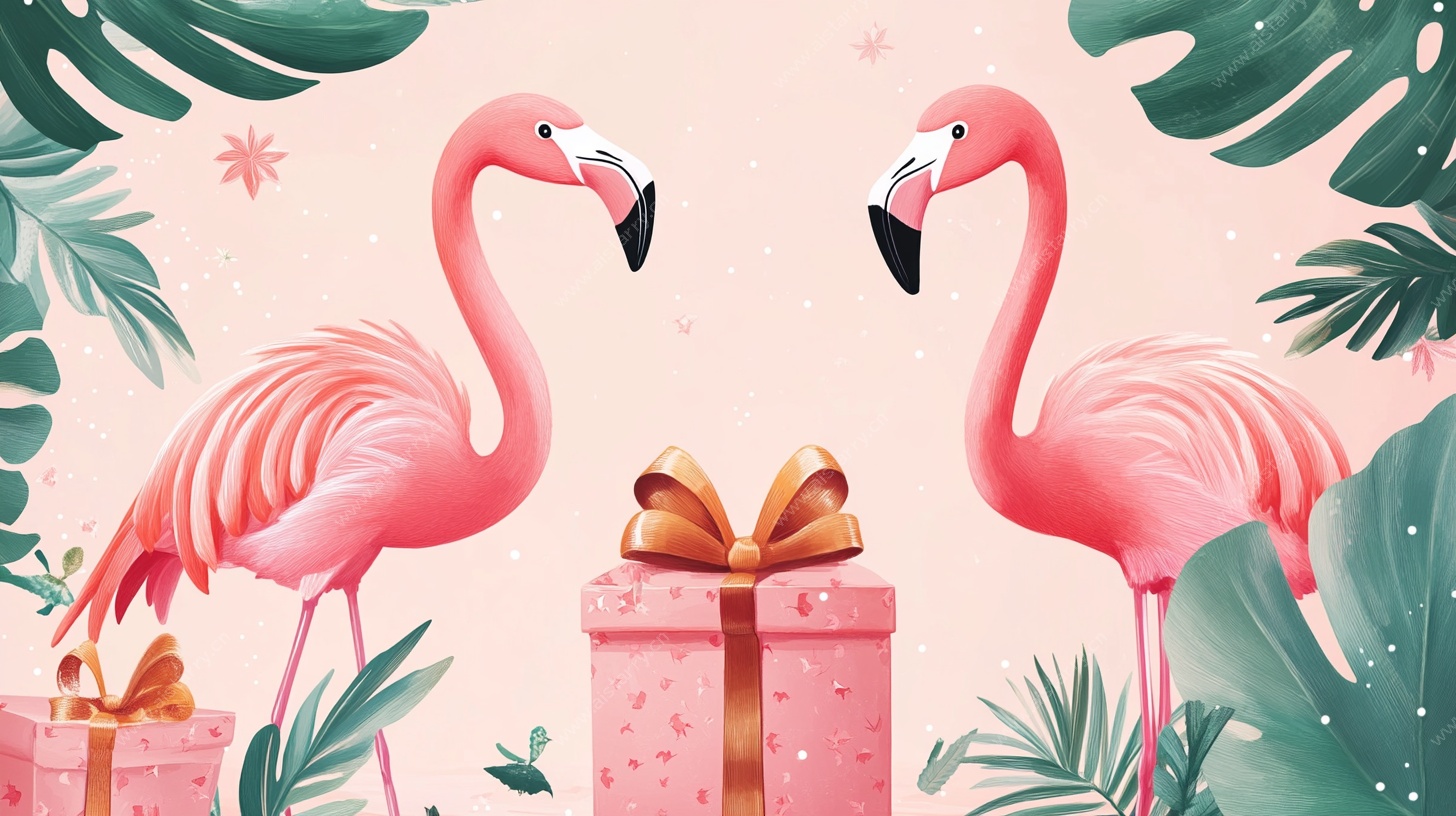 火烈鸟与礼物的梦幻场景