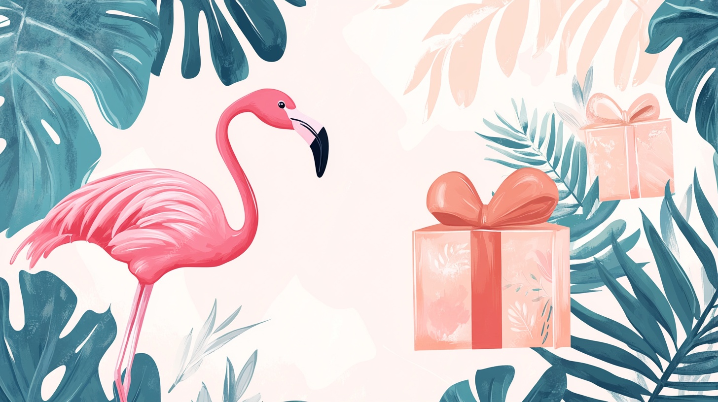 火烈鸟与礼物的热带风情画