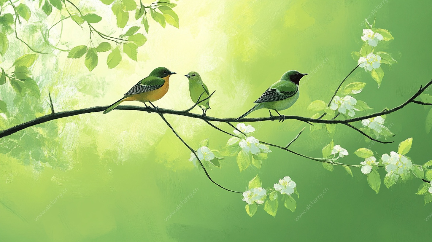 枝头三鸟伴绿叶繁花