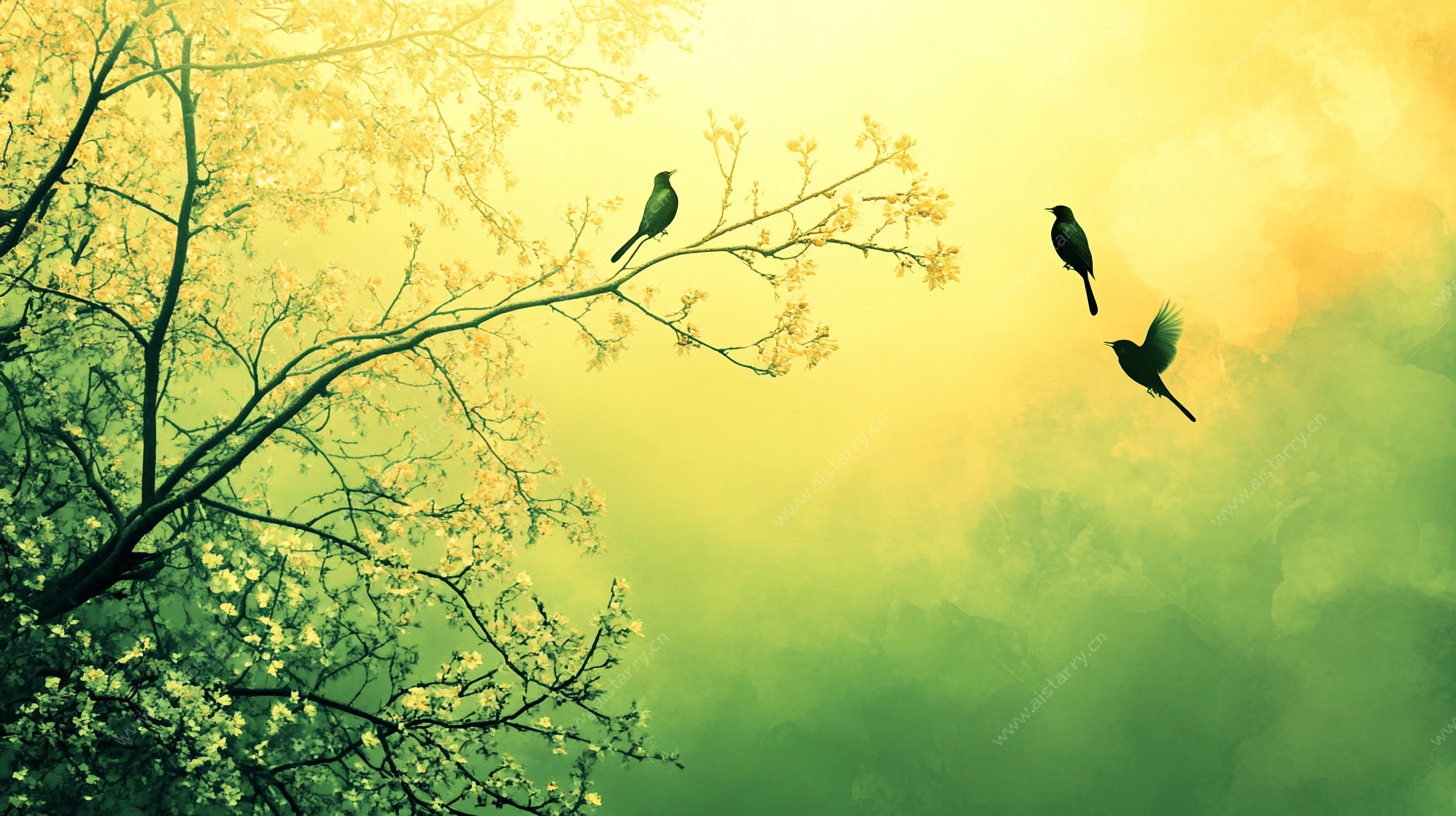 黄昏中飞鸟栖于枝头