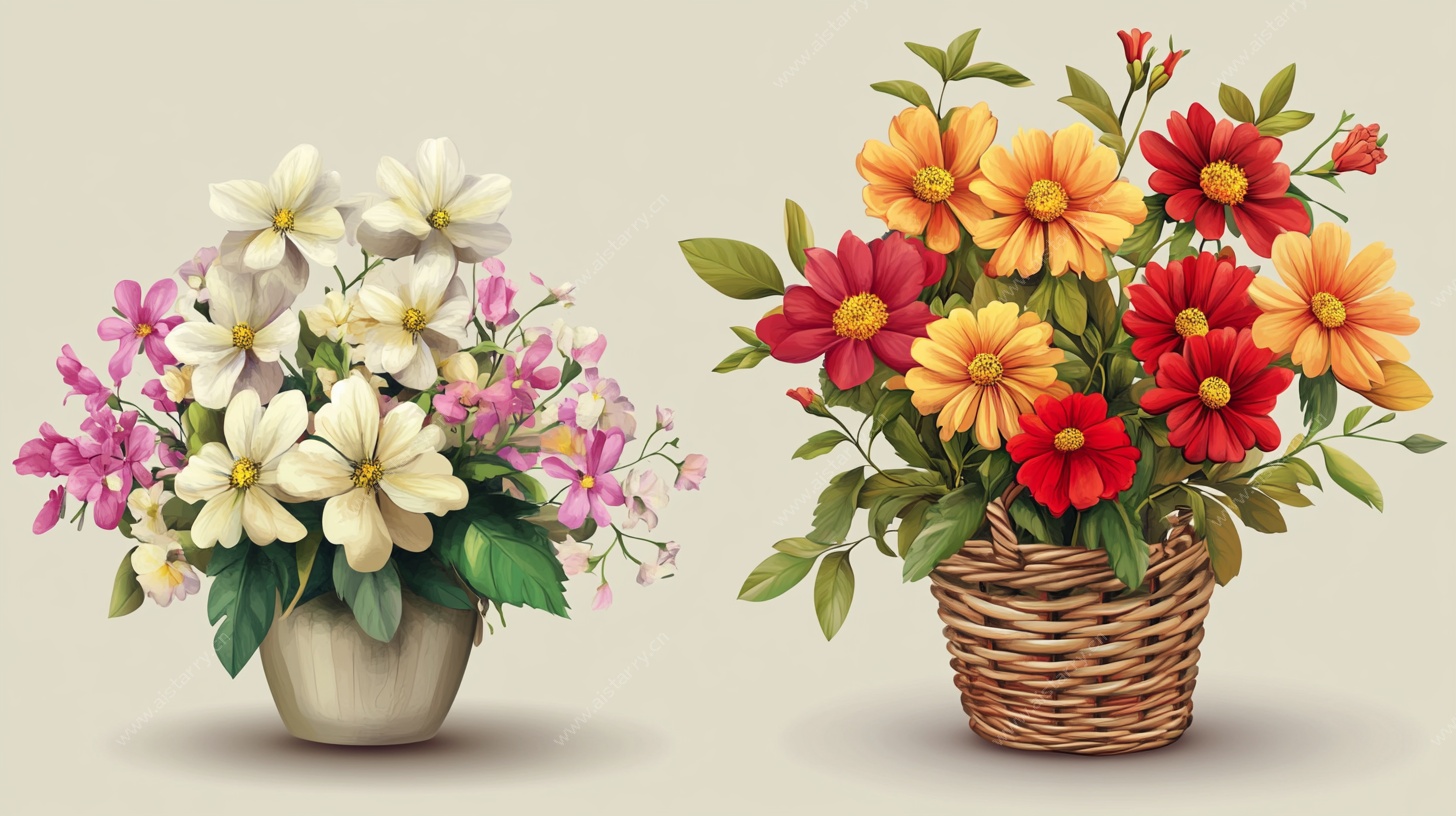 两盆多彩花卉插画