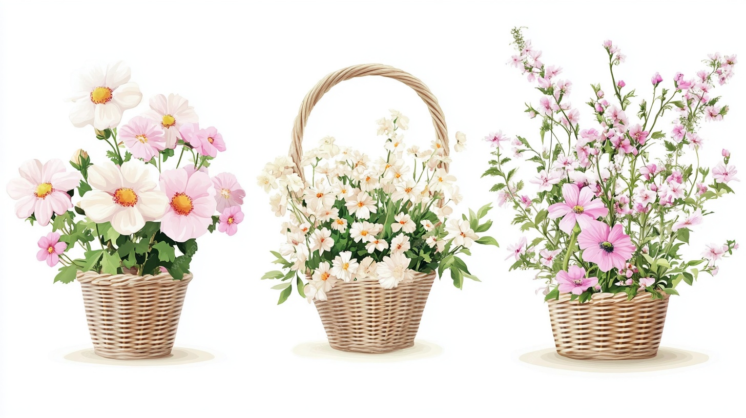 三个花篮里的缤纷花卉