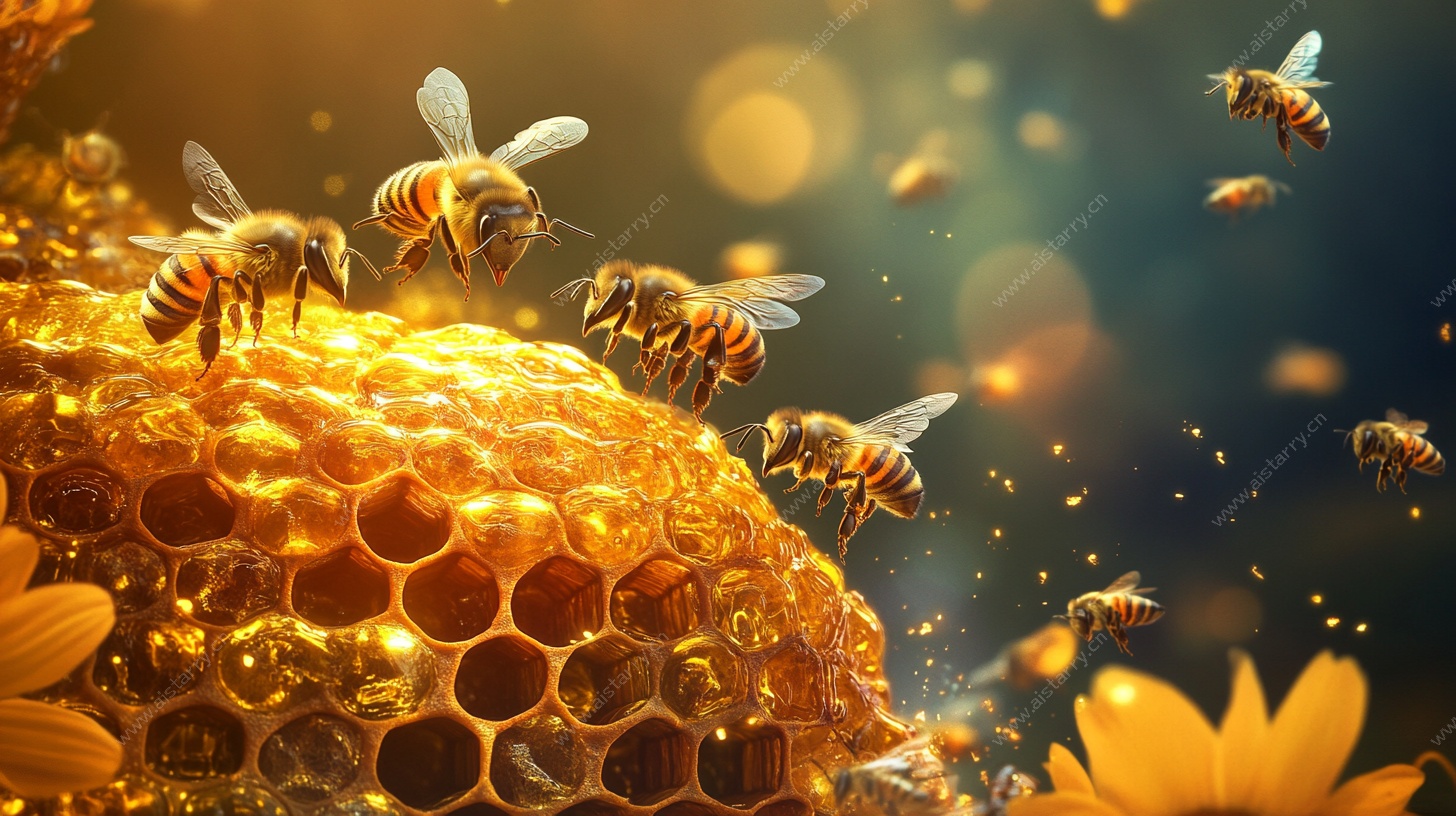 蜂巢边飞舞的金色蜜蜂