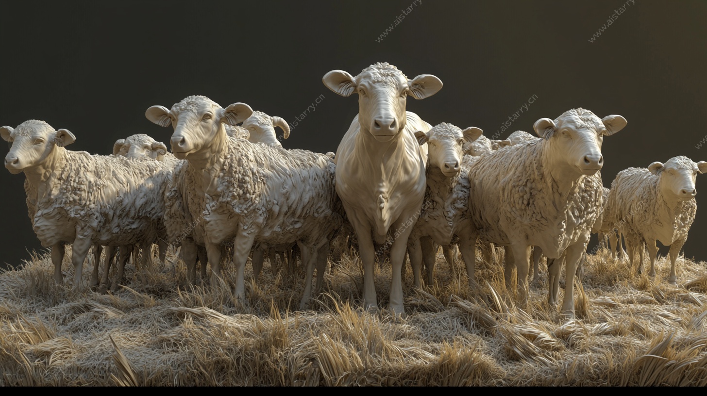 一群绵羊站在干草之上