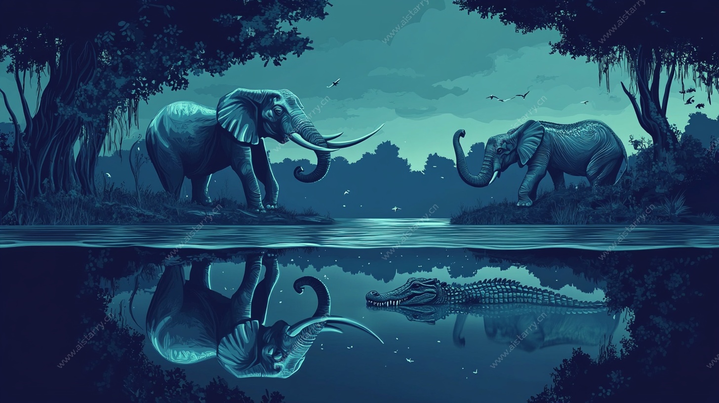 夜幕下的大象与鳄鱼奇景