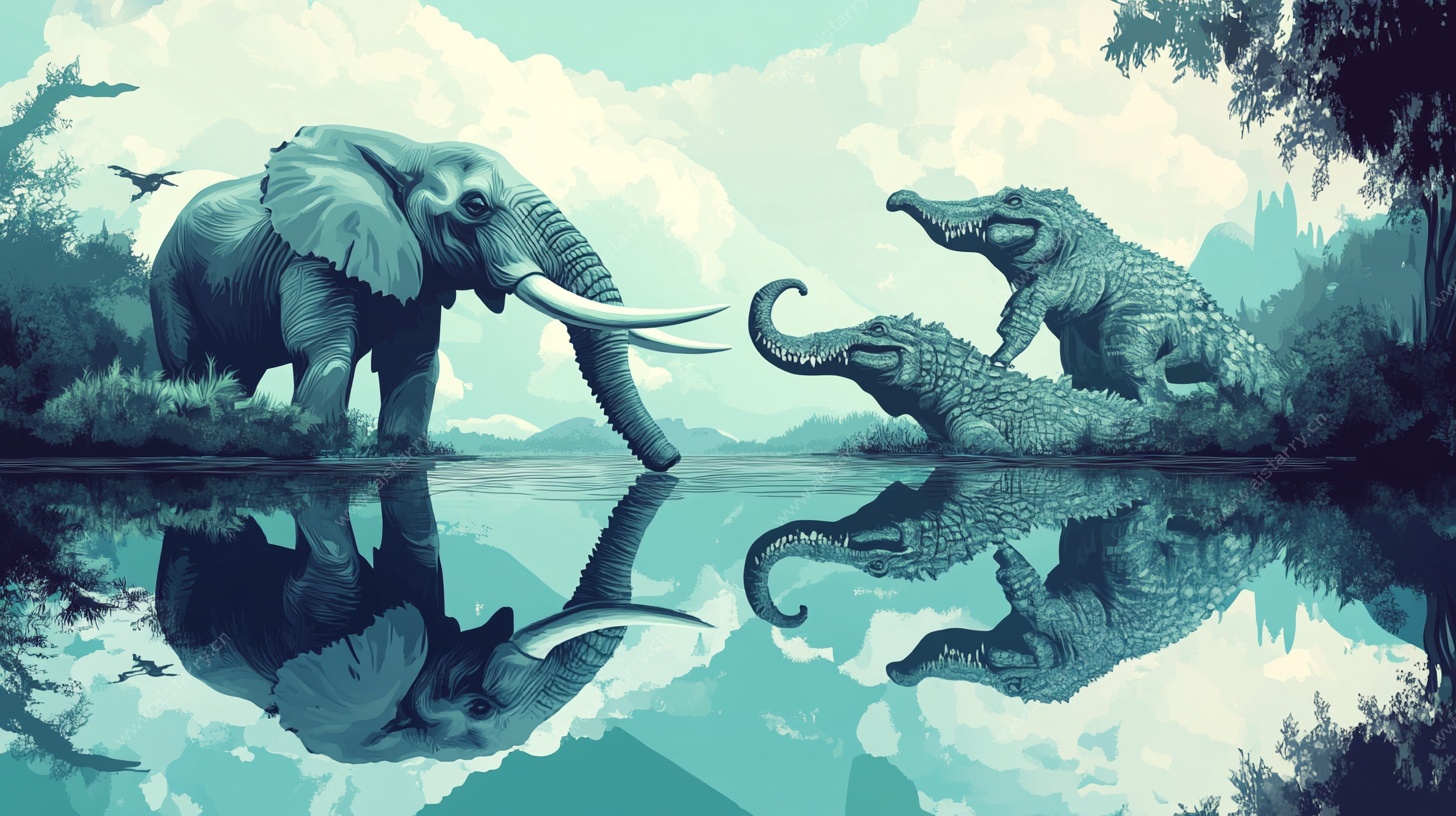 大象与鳄鱼的河畔对峙