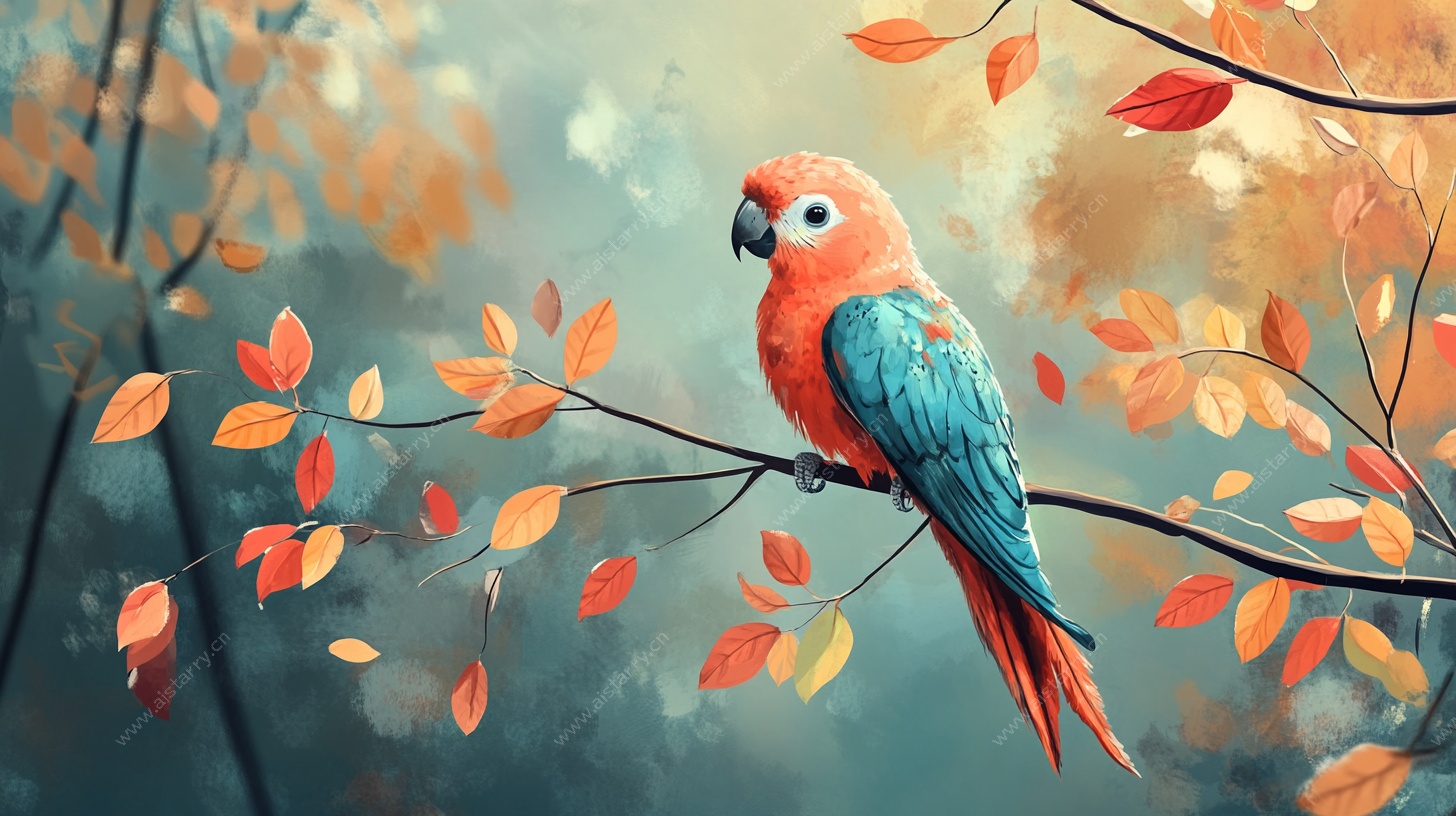 枝头鹦鹉 秋日绚丽风情画