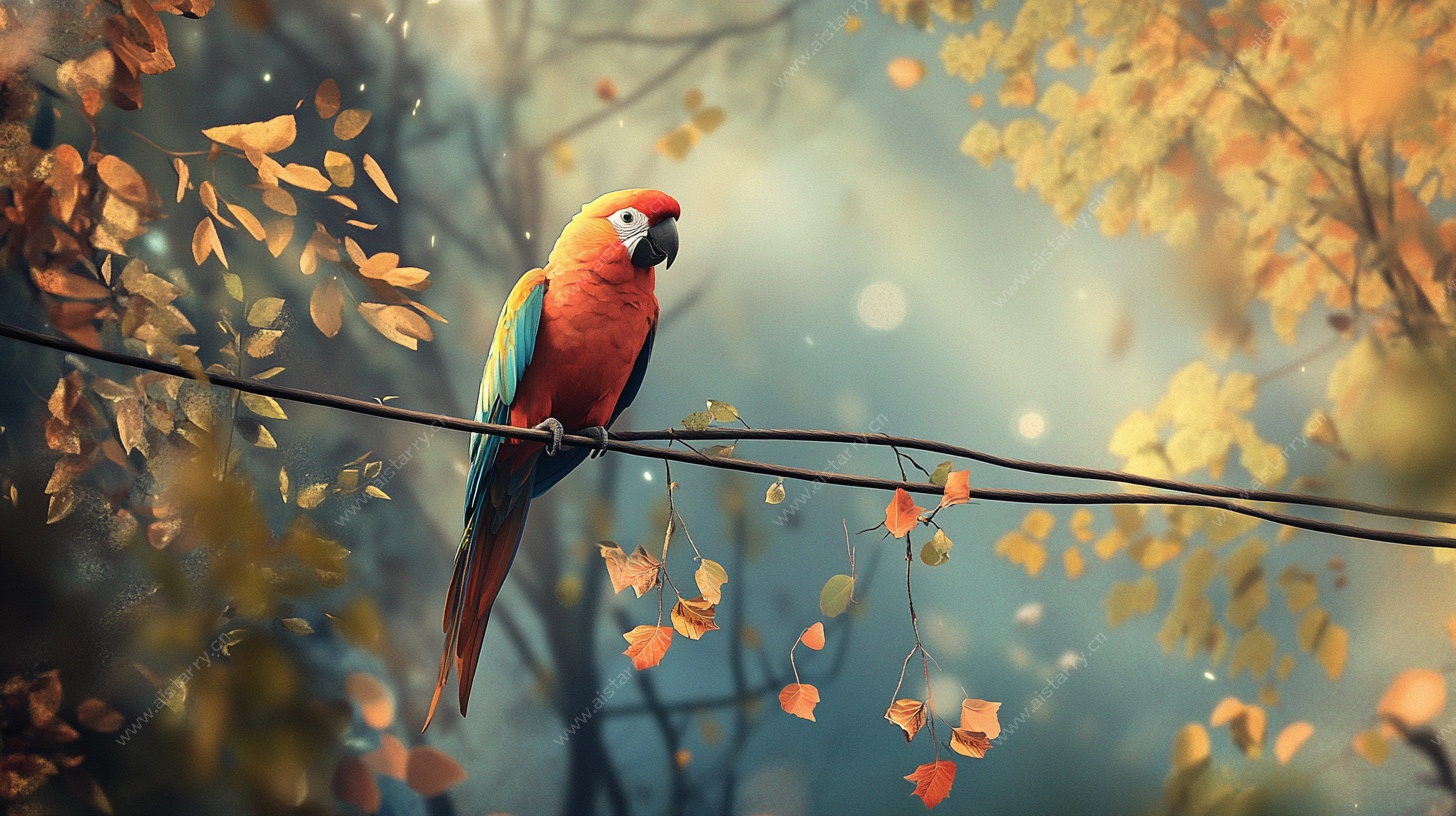 秋日电线上的多彩鹦鹉