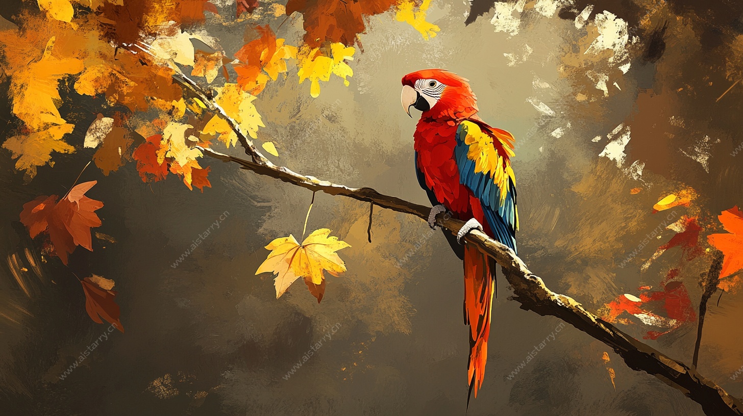 秋日枝头的多彩鹦鹉