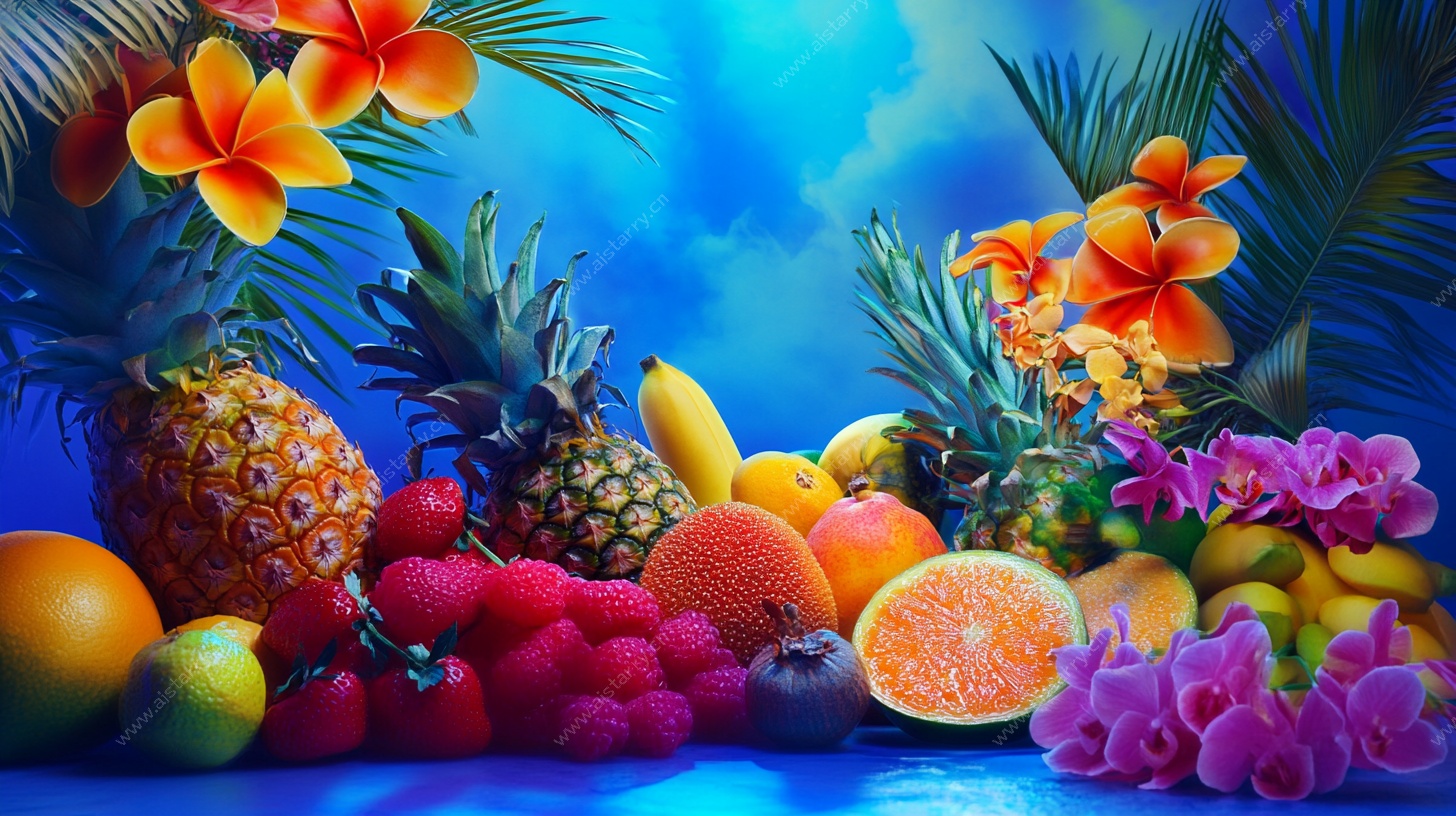 缤纷热带水果与花卉组合