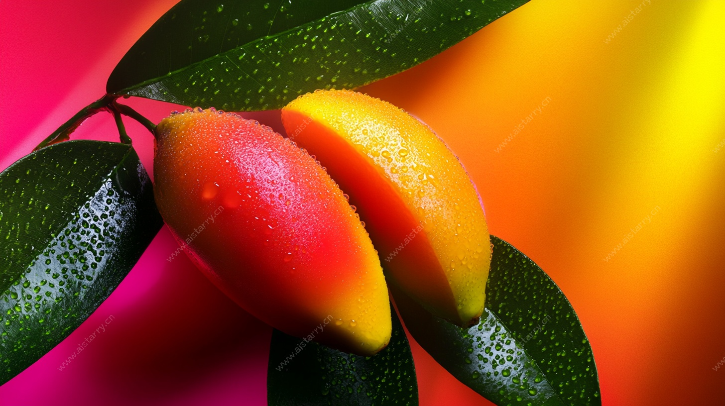 多彩芒果果实与绿叶特写