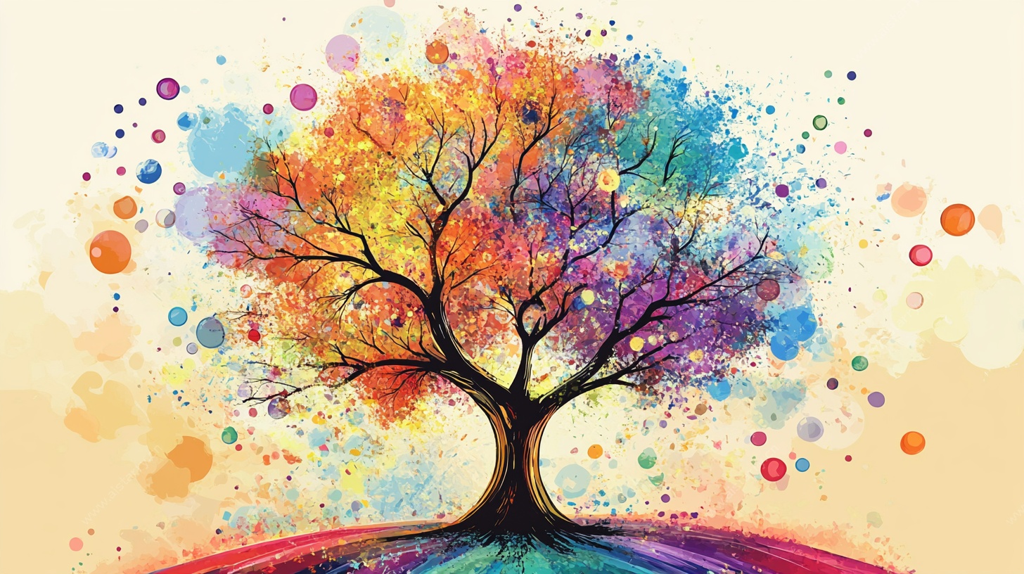 多彩水彩树 梦幻艺术插画