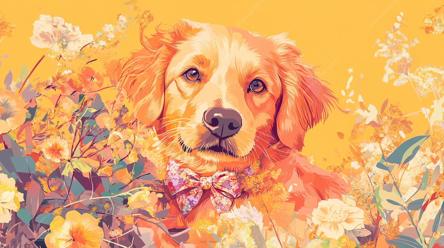 花丛中的金毛犬